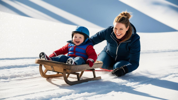 mama rodeln kind schnee reales foto mit Schlitten aus holz ziehen