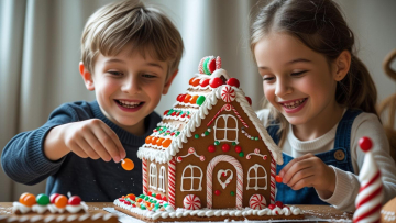 kinder lebkuchen haus , europäscihe kinder reales foto ca 6-8 jahre