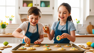 kinder backen in der Osterzeit jeans t shirt reales foto -2