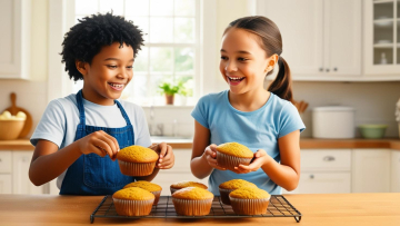 kinder backen muffins  jeans shirt reales foto 